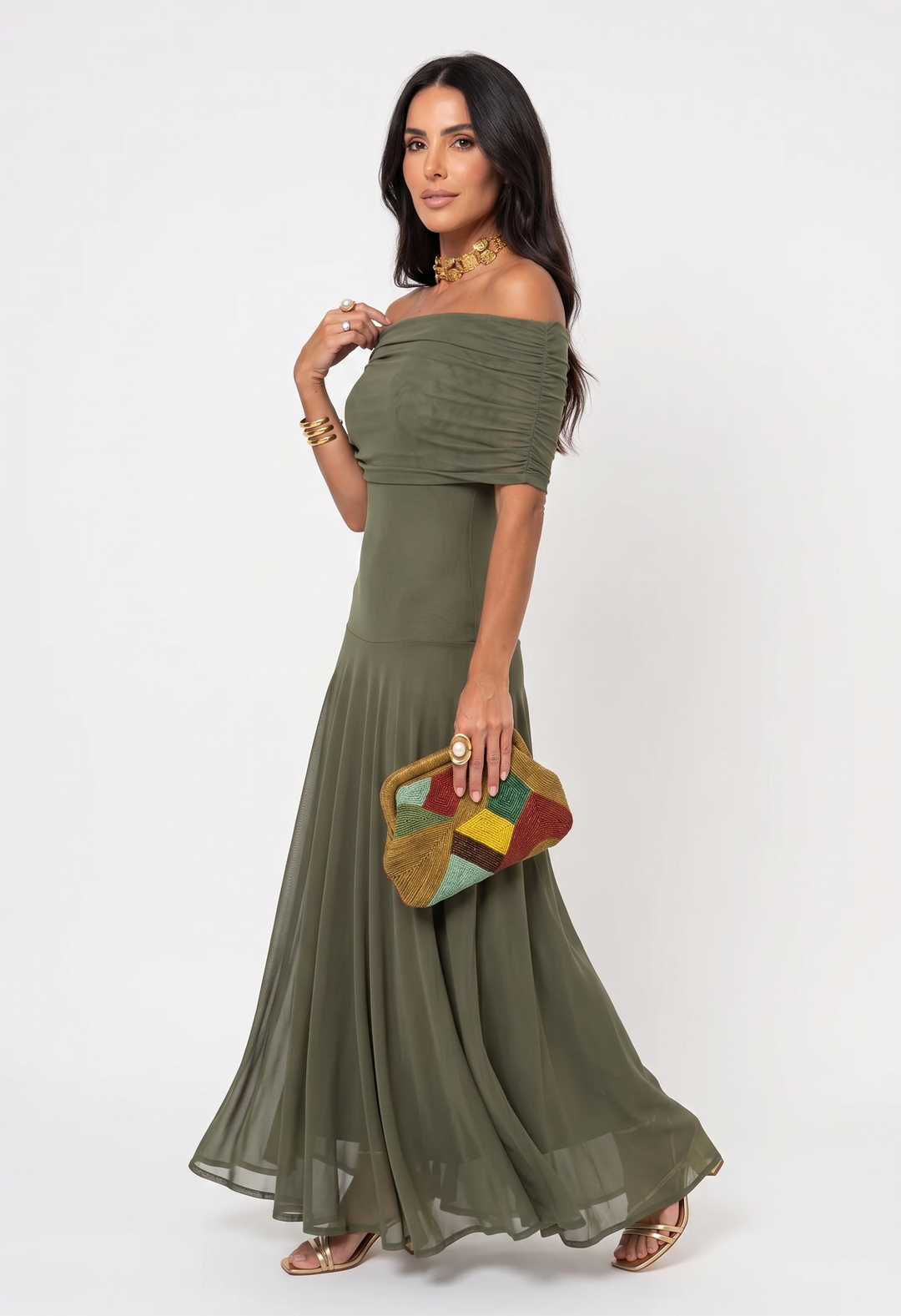 Kaida - Vestido drapeado con escote bardot