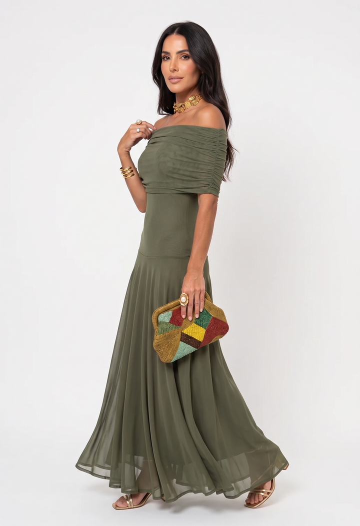 Kaida - Vestido drapeado con escote bardot