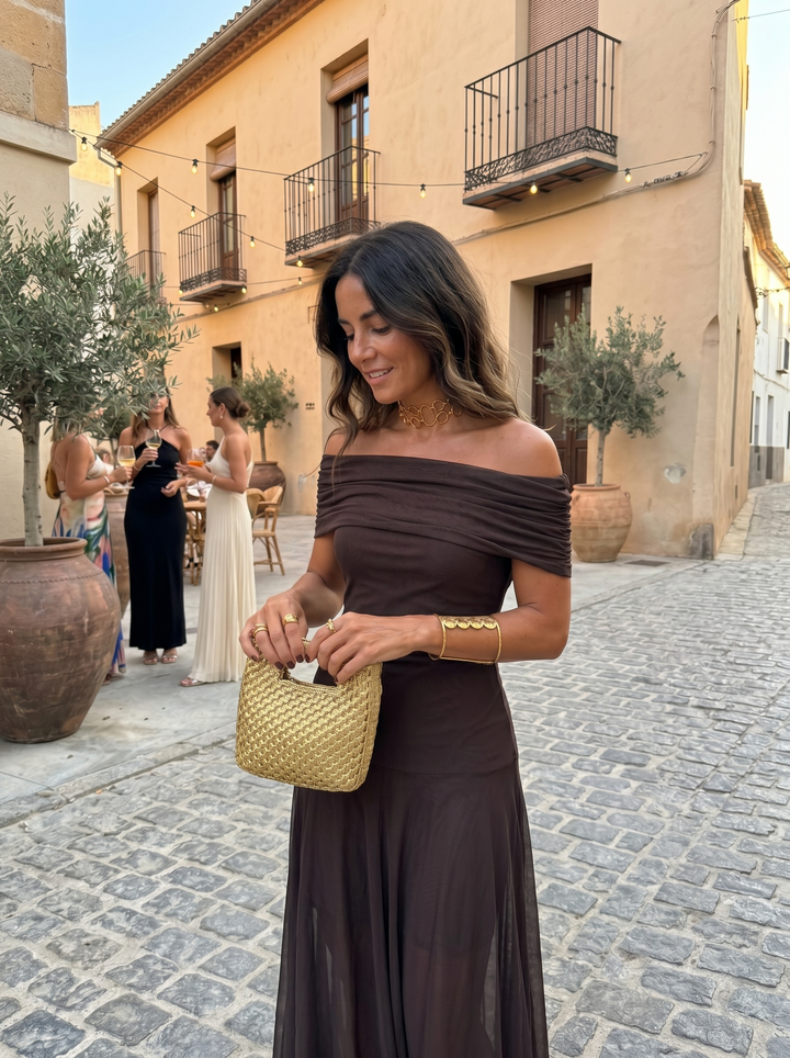 Kaida - Vestido drapeado con escote bardot