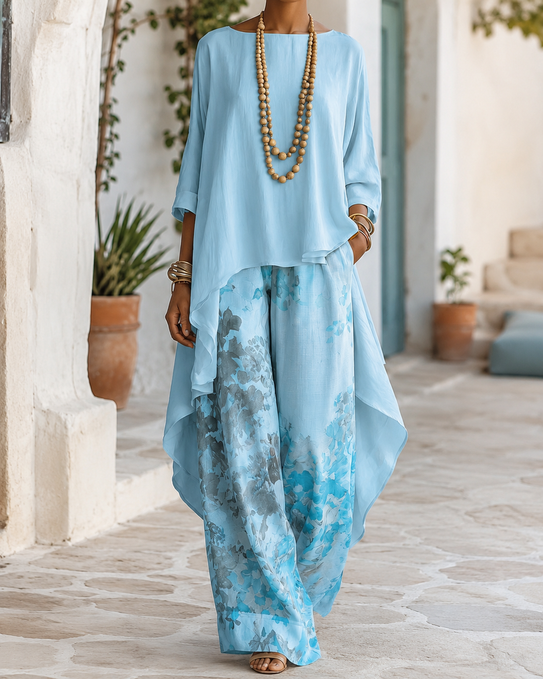 Anwyn - Conjunto de top de gasa con capas y pantalones de pierna ancha