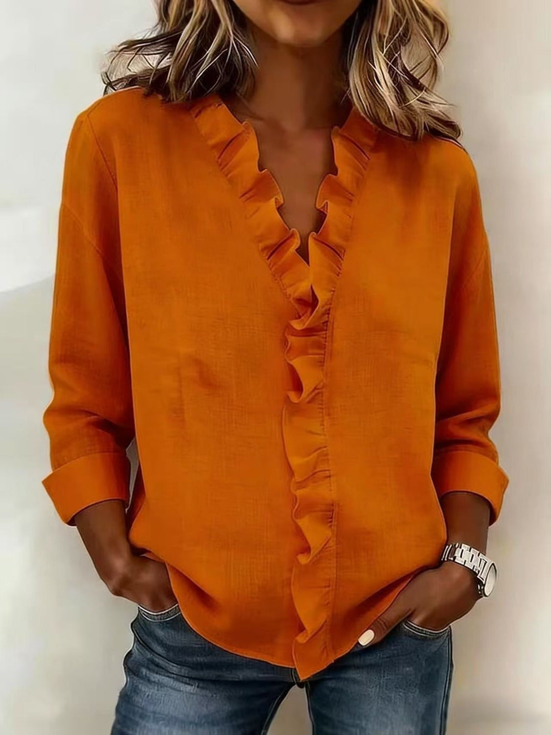 Brinae - Blusa de manga larga con holanes y escote en V de tacto suave