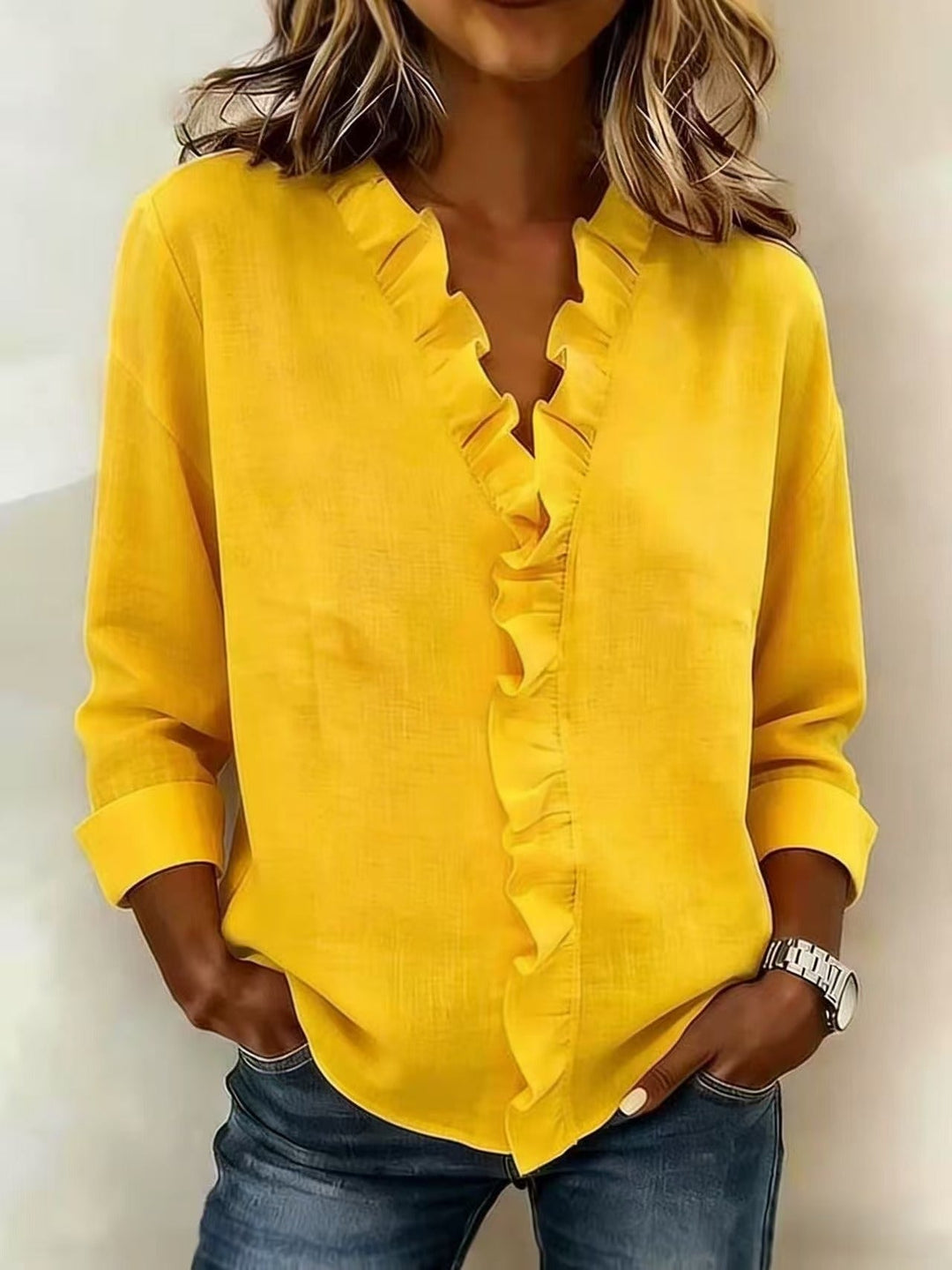Brinae - Blusa de manga larga con holanes y escote en V de tacto suave