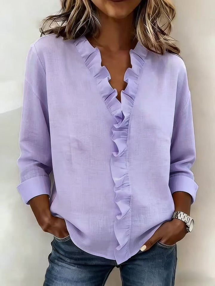 Brinae - Blusa de manga larga con holanes y escote en V de tacto suave