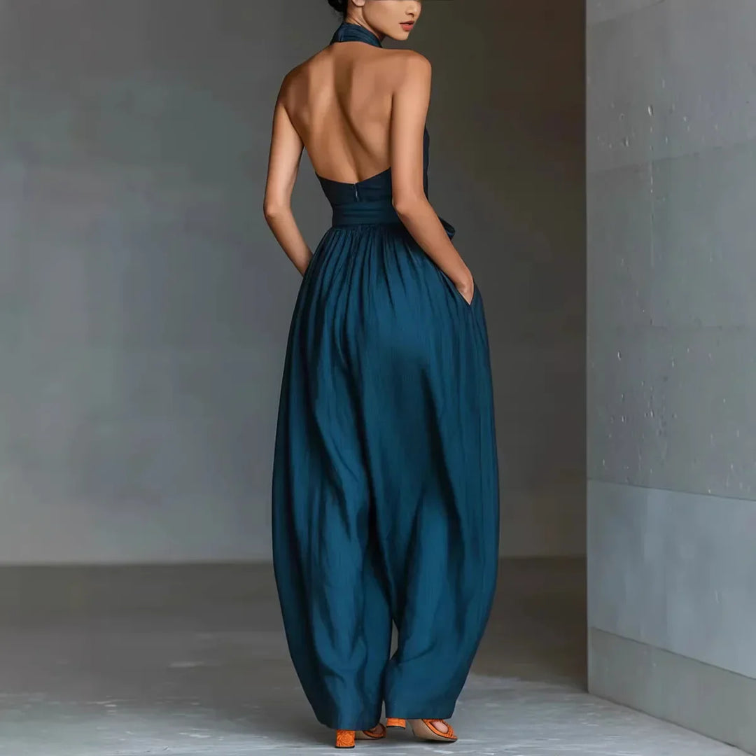 Evaria - Mono de Pierna Ancha con Escote Halter Cruzado