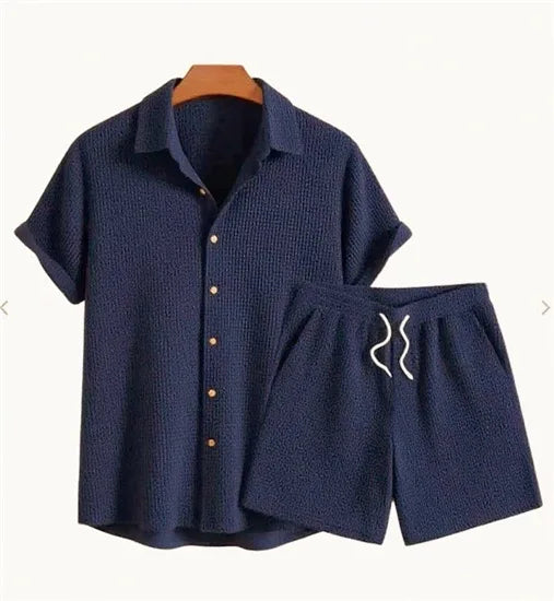 Jorvian - Conjunto de camisa y shorts texturizados de verano