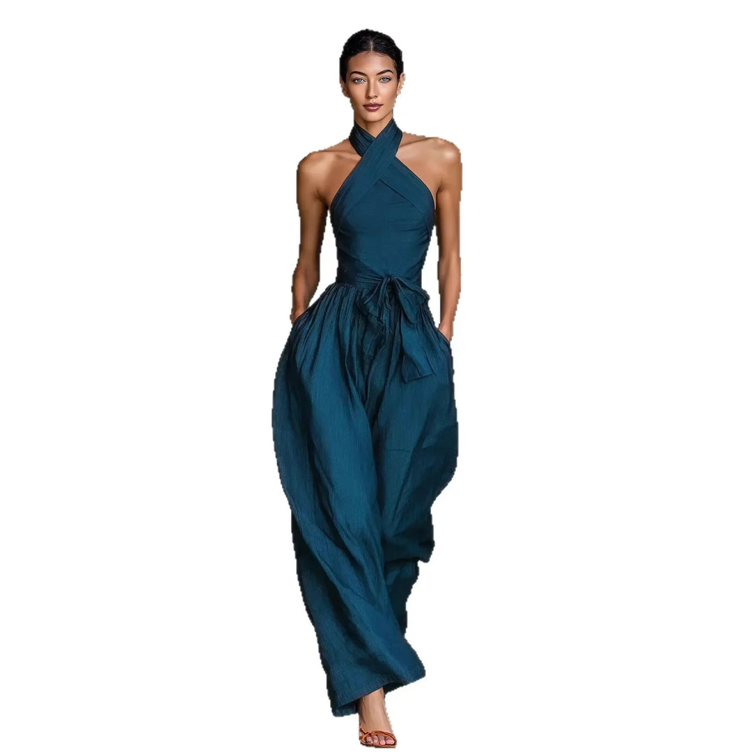 Evaria - Mono de Pierna Ancha con Escote Halter Cruzado