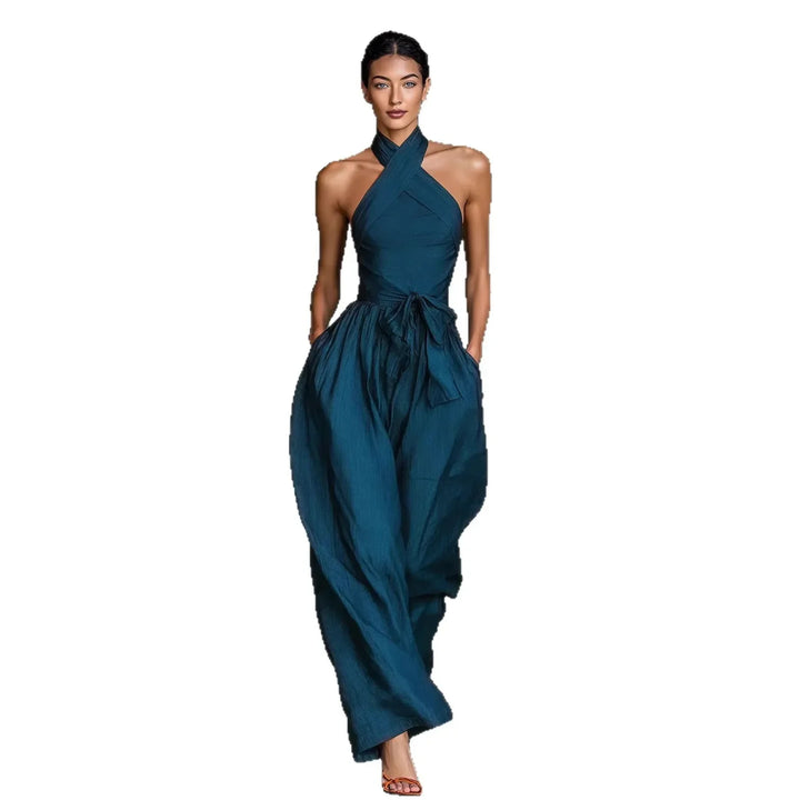 Evaria - Mono de Pierna Ancha con Escote Halter Cruzado