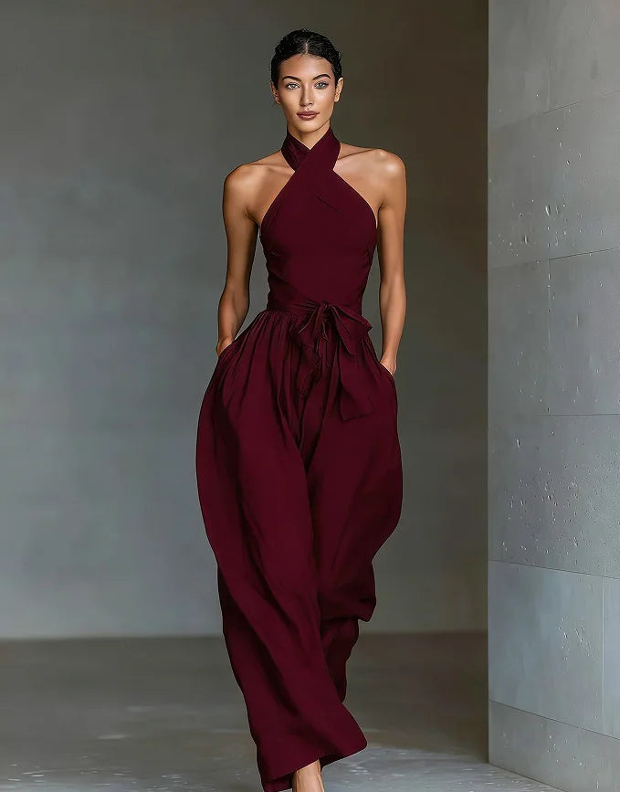 Evaria - Mono de Pierna Ancha con Escote Halter Cruzado
