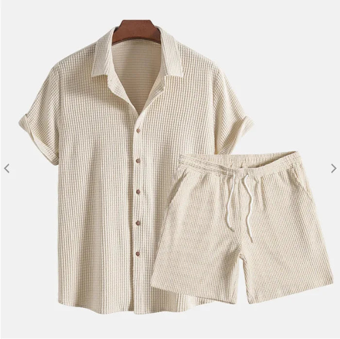 Jorvian - Conjunto de camisa y shorts texturizados de verano