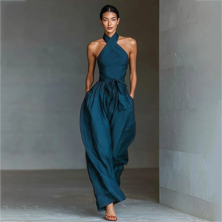 Evaria - Mono de Pierna Ancha con Escote Halter Cruzado