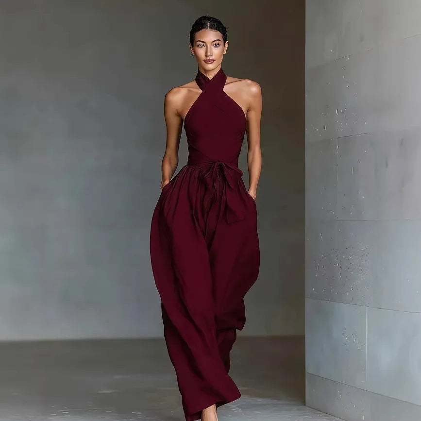 Evaria - Mono de Pierna Ancha con Escote Halter Cruzado