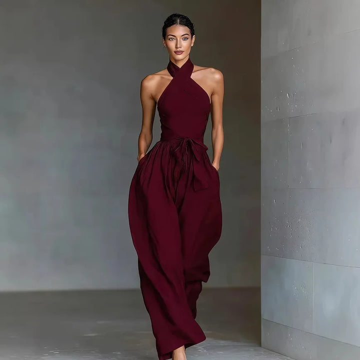 Evaria - Mono de Pierna Ancha con Escote Halter Cruzado