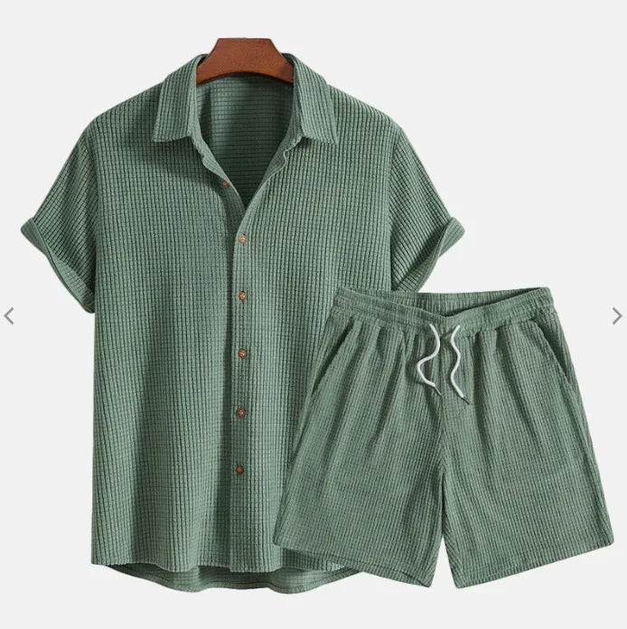 Jorvian - Conjunto de camisa y shorts texturizados de verano