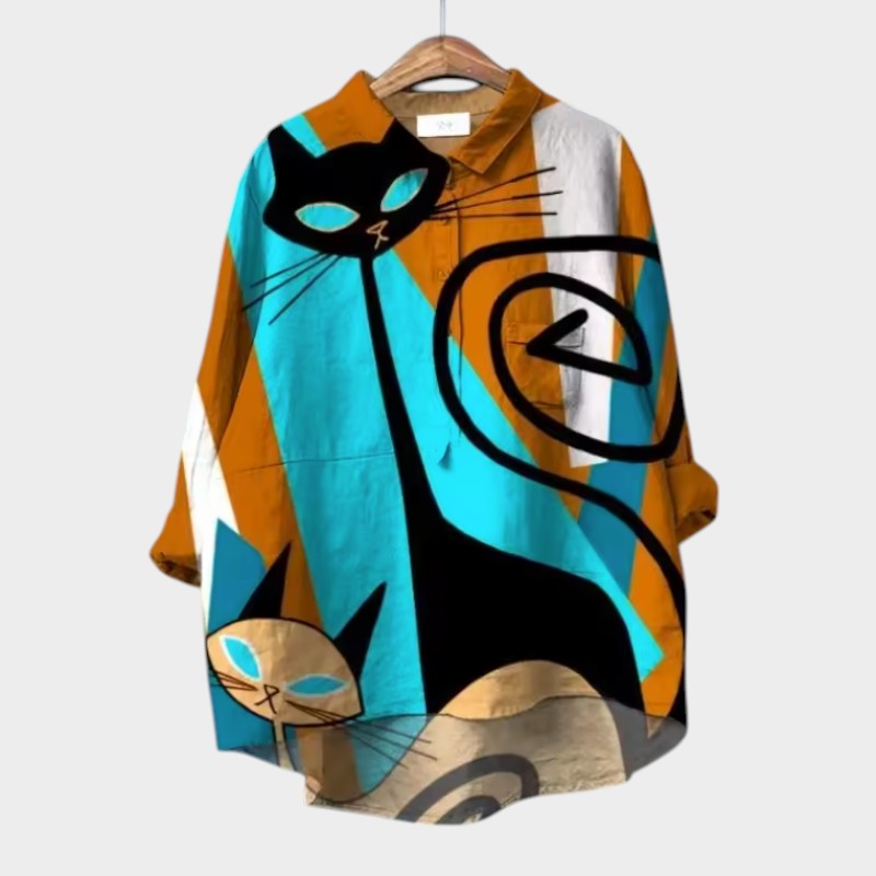 Ravea - Camisa suave al tacto con estampado de gato