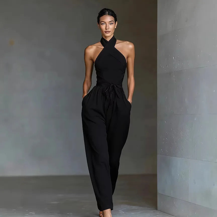 Evaria - Mono de Pierna Ancha con Escote Halter Cruzado