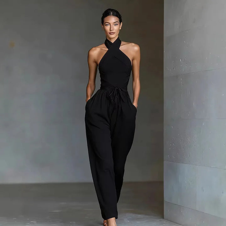 Evaria - Mono de Pierna Ancha con Escote Halter Cruzado