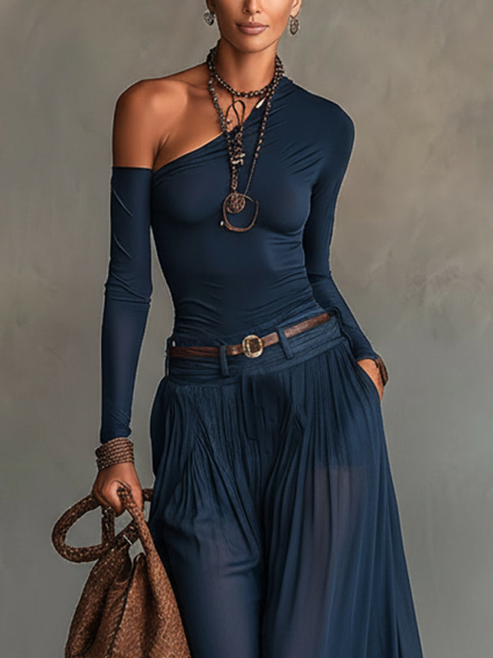 Ensley - Conjunto elegante de top de un hombro y falda