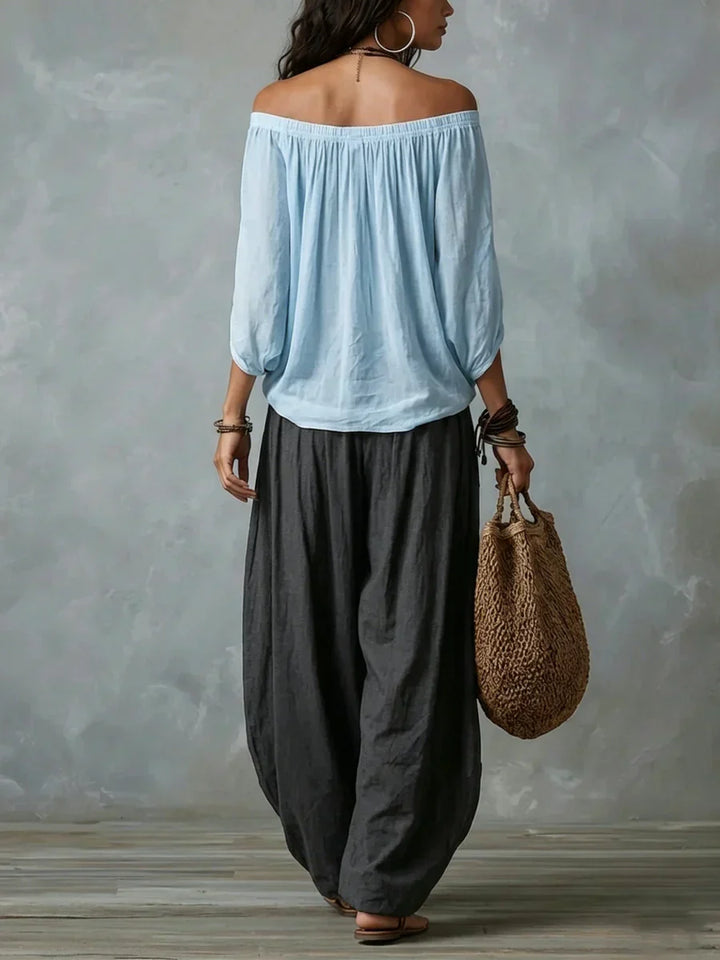 Ottavia - Conjunto bohemio de blusa de hombros descubiertos y pantalones harén