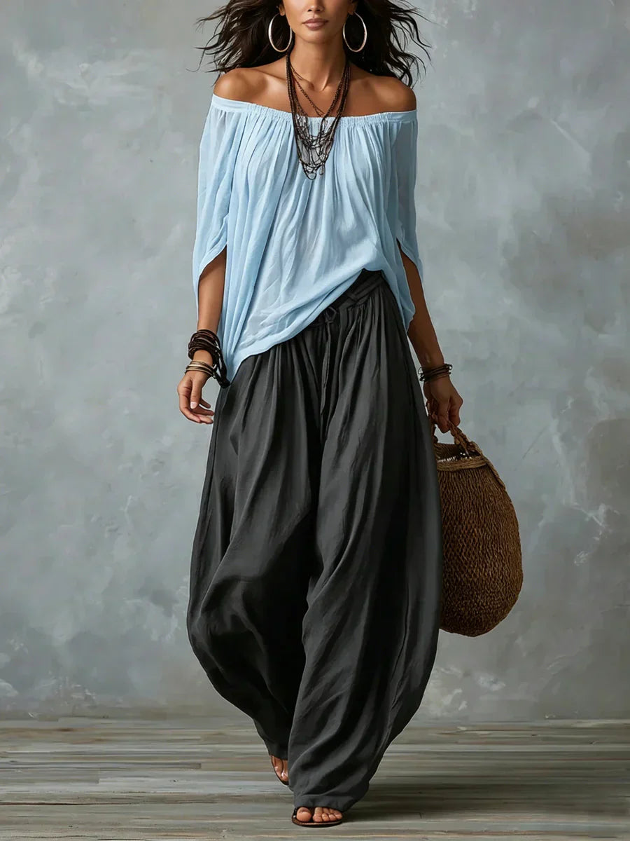 Ottavia - Conjunto bohemio de blusa de hombros descubiertos y pantalones harén