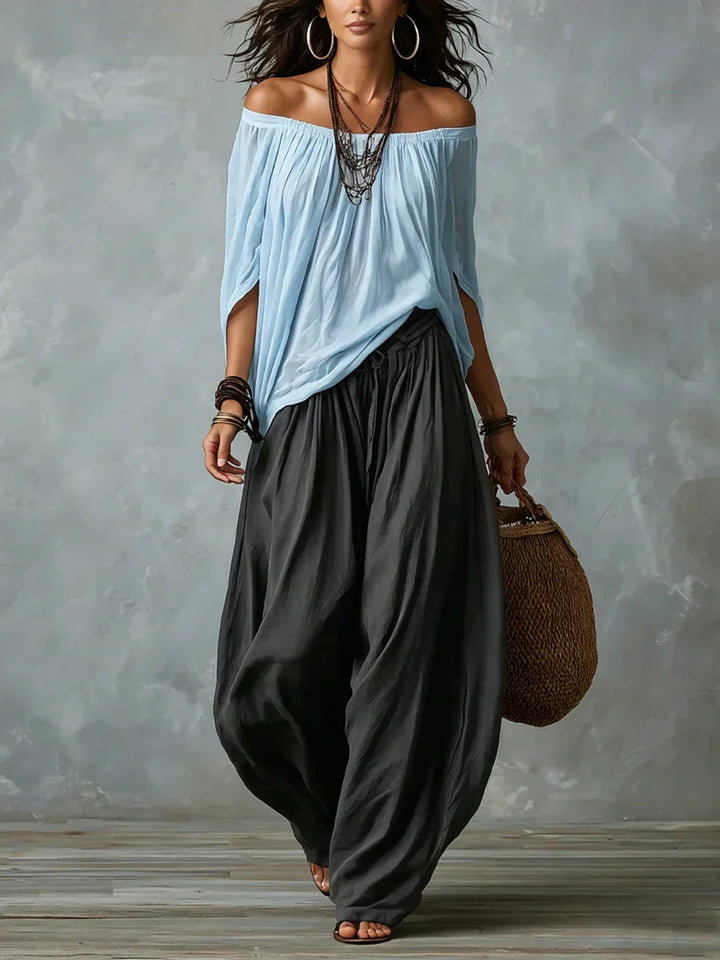 Ottavia - Conjunto bohemio de blusa de hombros descubiertos y pantalones harén
