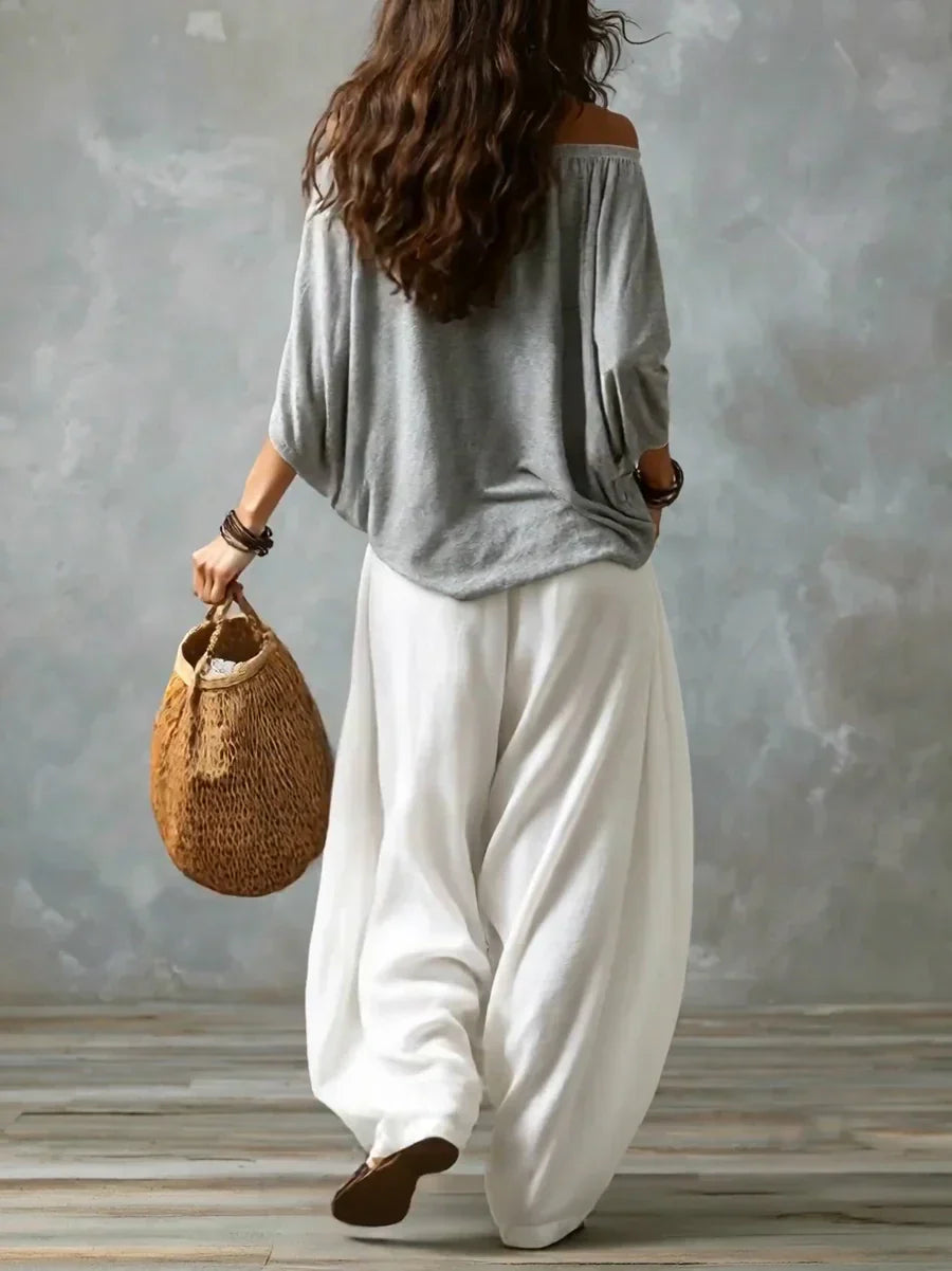 Ottavia - Conjunto bohemio de blusa de hombros descubiertos y pantalones harén