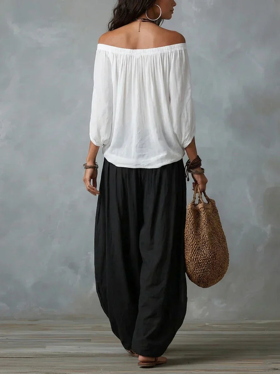 Ottavia - Conjunto bohemio de blusa de hombros descubiertos y pantalones harén