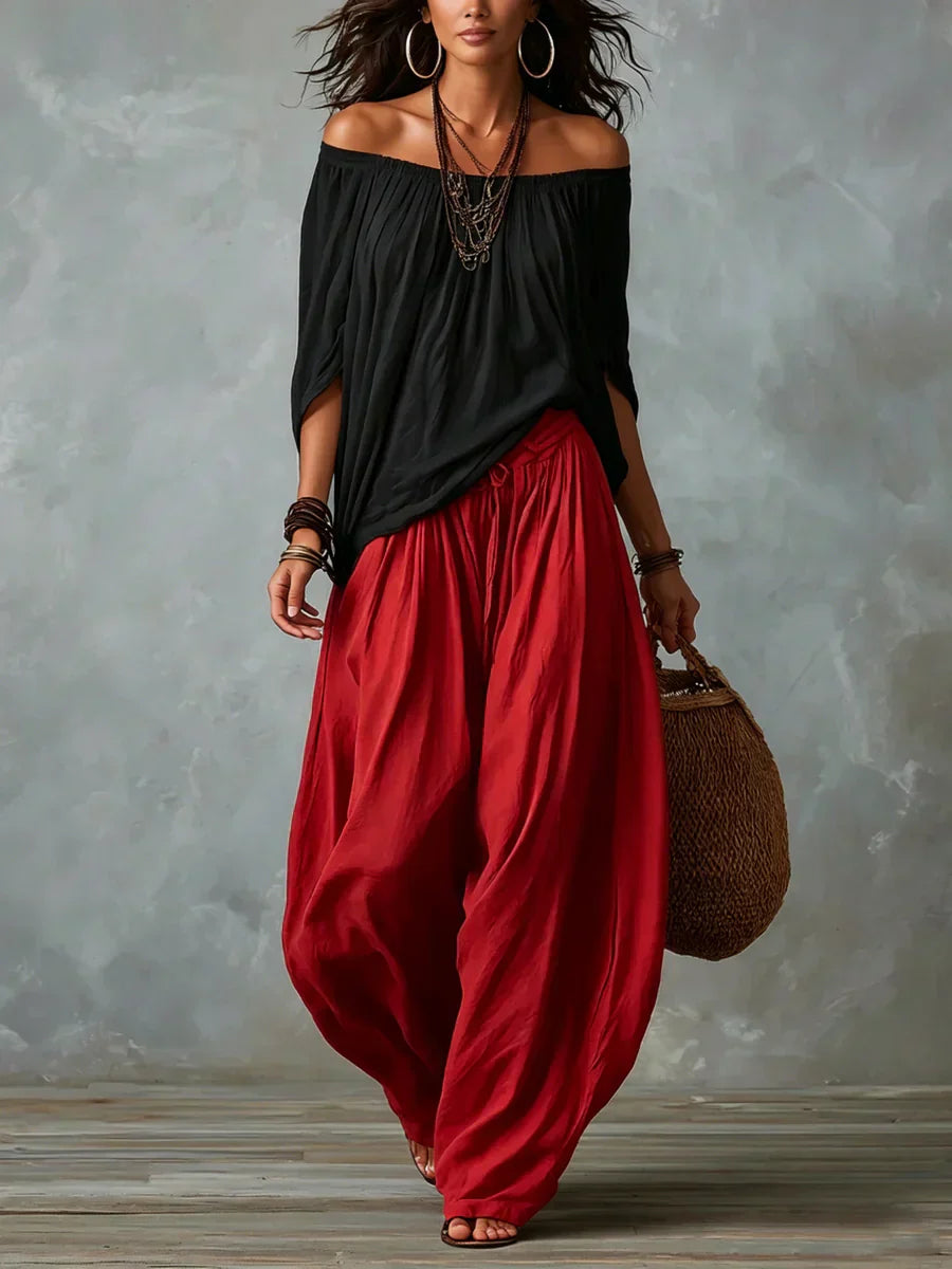 Ottavia - Conjunto bohemio de blusa de hombros descubiertos y pantalones harén