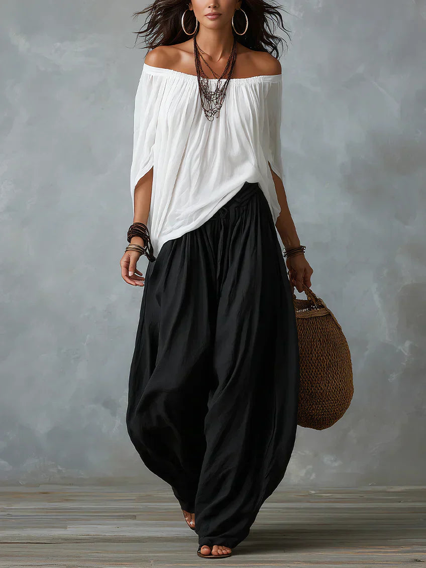 Ottavia - Conjunto bohemio de blusa de hombros descubiertos y pantalones harén
