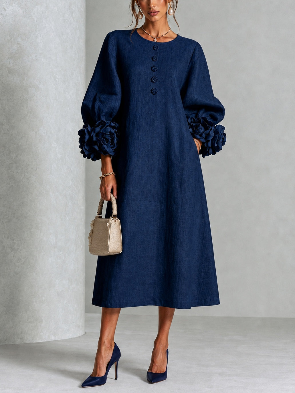 Estelora - Vestido midi floral de corte escultórico