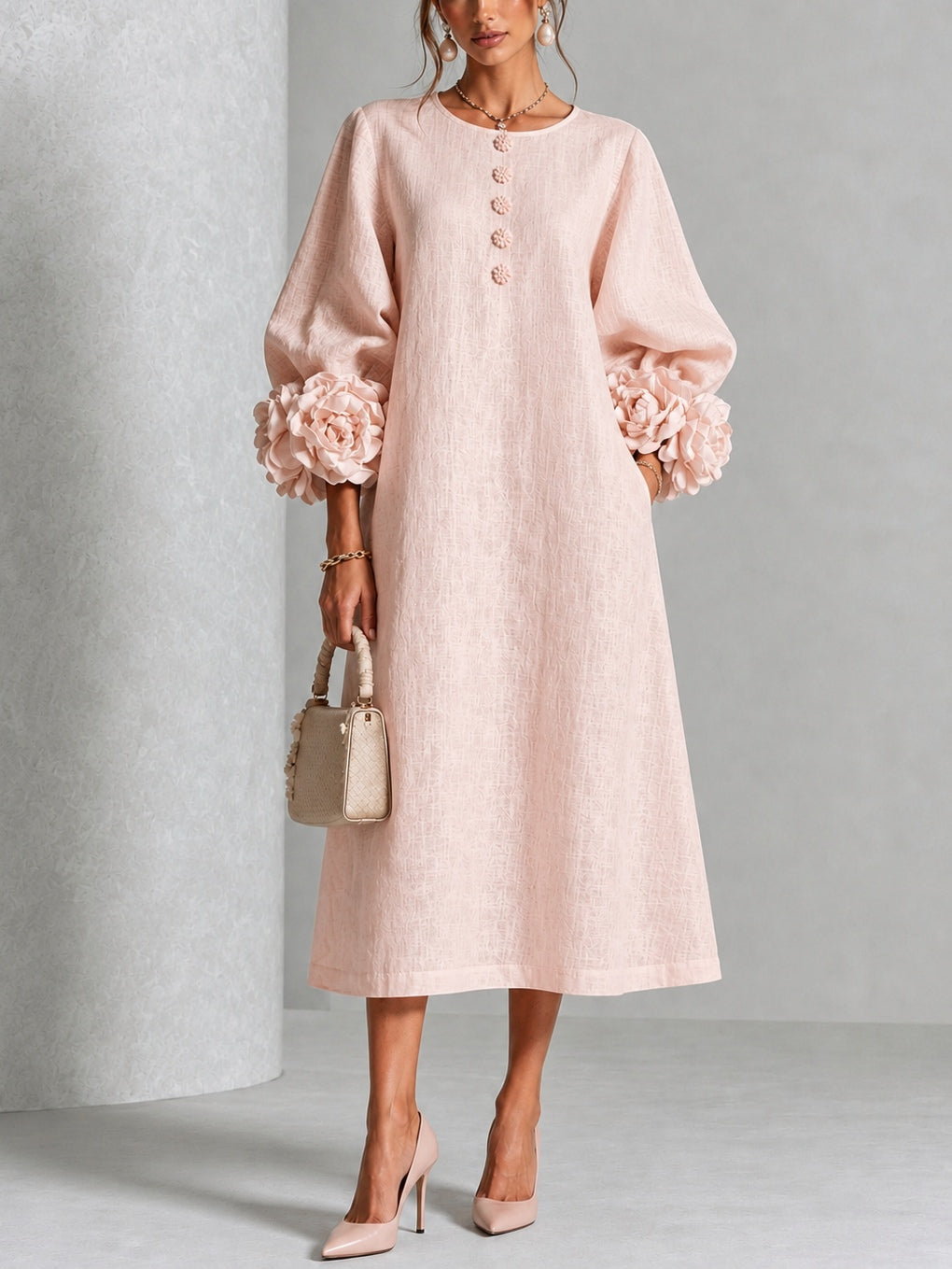 Estelora - Vestido midi floral de corte escultórico