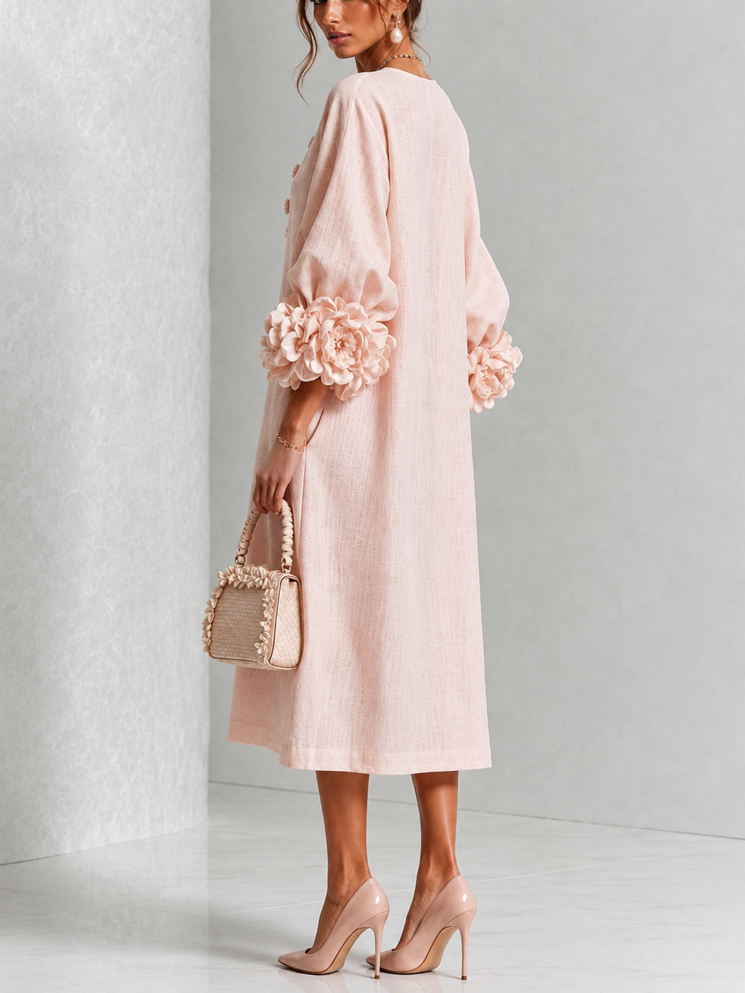Estelora - Vestido midi floral de corte escultórico
