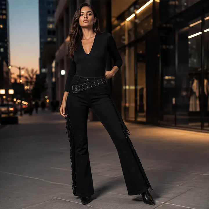 Fiorenne - Pantalones acampanados con flecos estilo vaquero