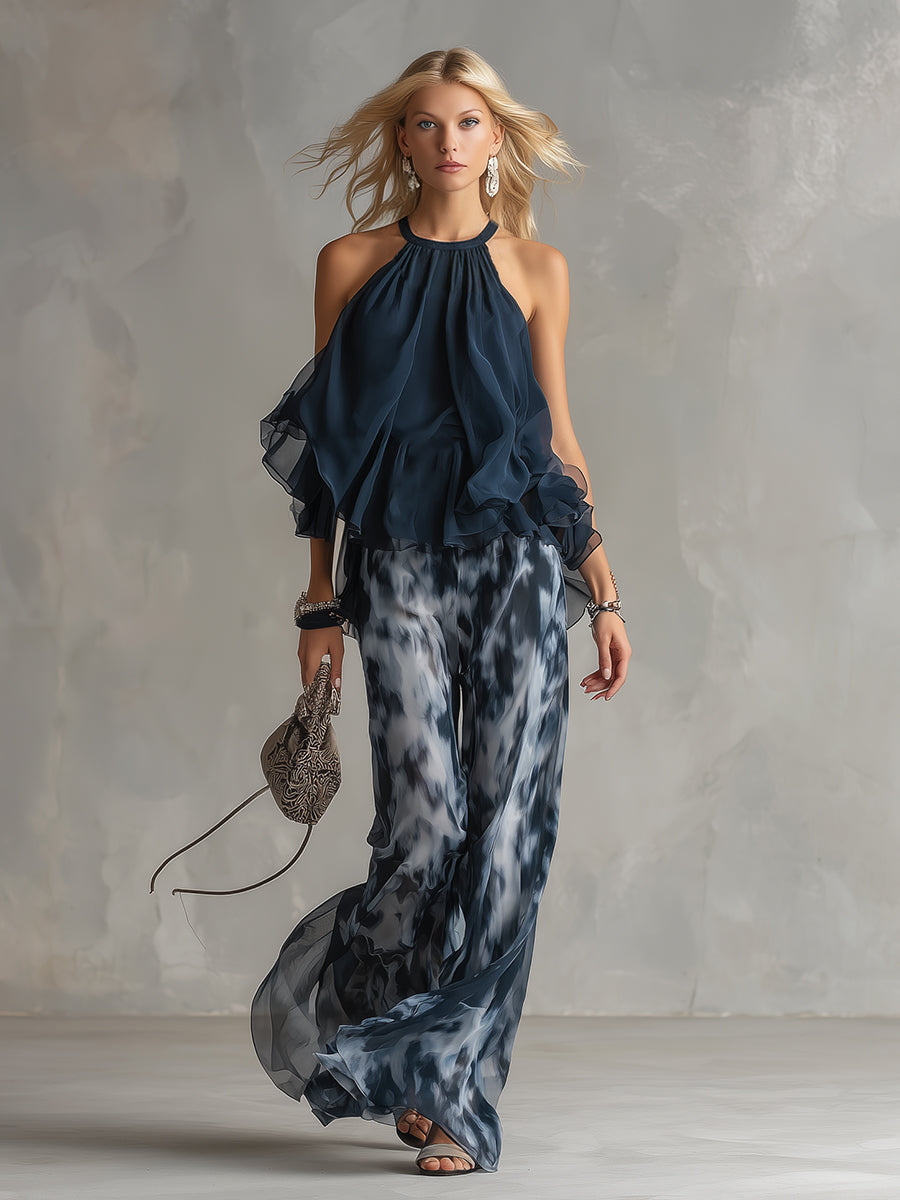 Norelda - Conjunto de top elegante de cuello alto y pantalón de pierna ancha