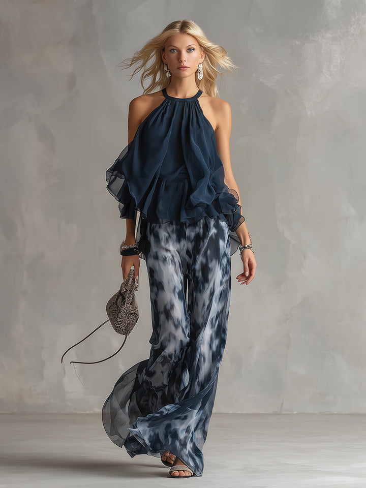 Norelda - Conjunto de top elegante de cuello alto y pantalón de pierna ancha