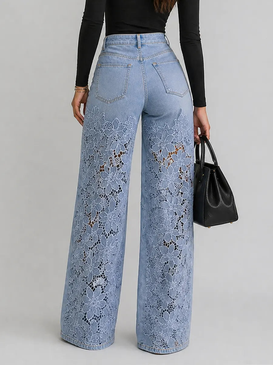 Kaliora - Jeans de pierna ancha con encaje floral