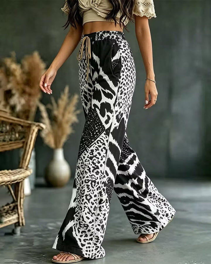 Elfrida - Pantalón de pierna ancha con parche de leopardo, suave al tacto