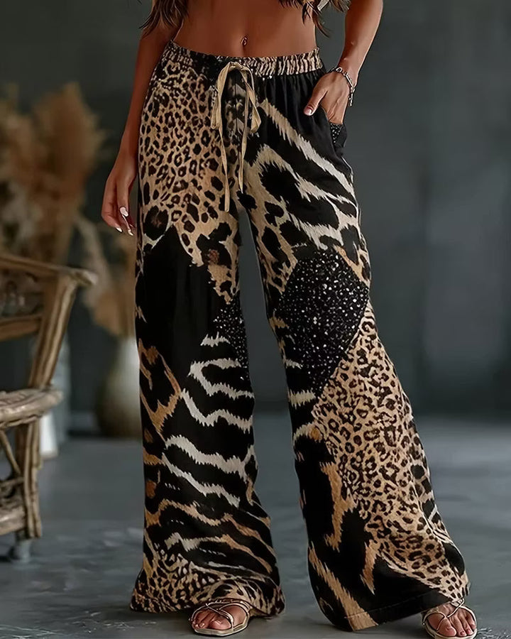 Elfrida - Pantalón de pierna ancha con parche de leopardo, suave al tacto