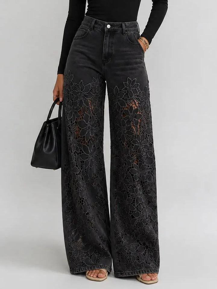 Kaliora - Jeans de pierna ancha con encaje floral