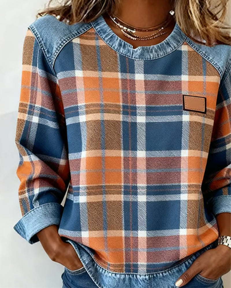 Adair - Sudadera casual de cuello redondo a cuadros