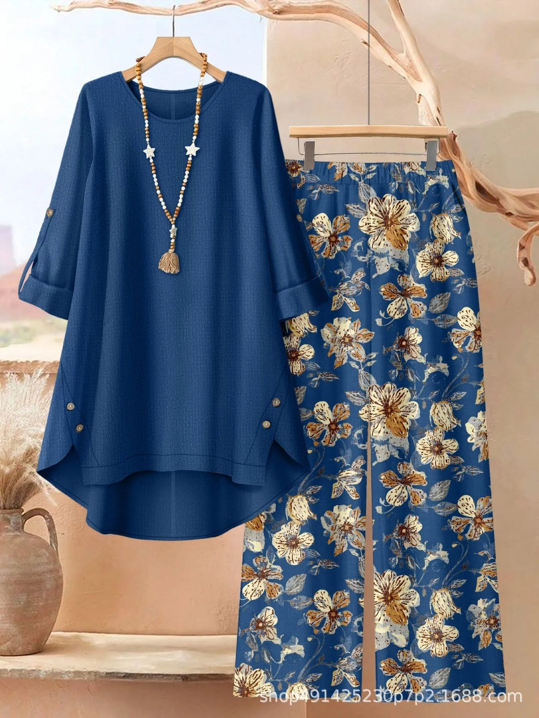 Rosette - Conjunto de túnica estilo capa ligera y pantalón de pierna ancha
