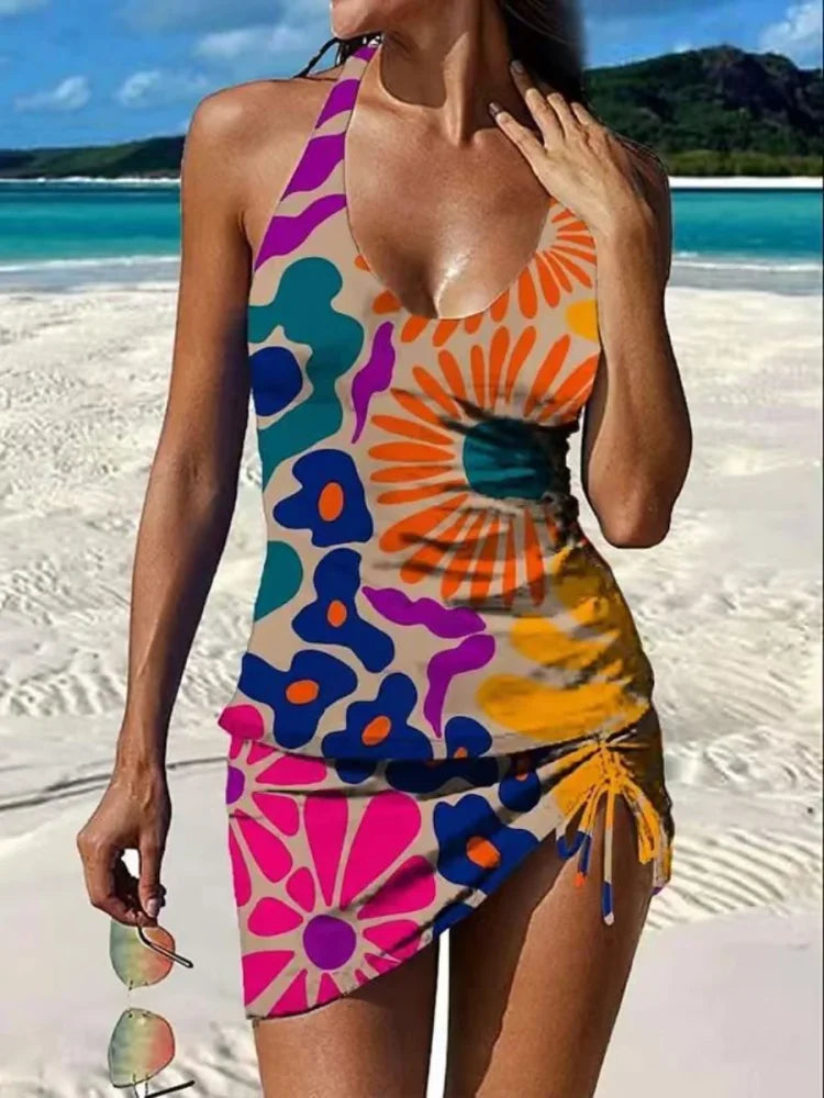 Ysoria - Conjunto de traje de baño estampado con escote halter