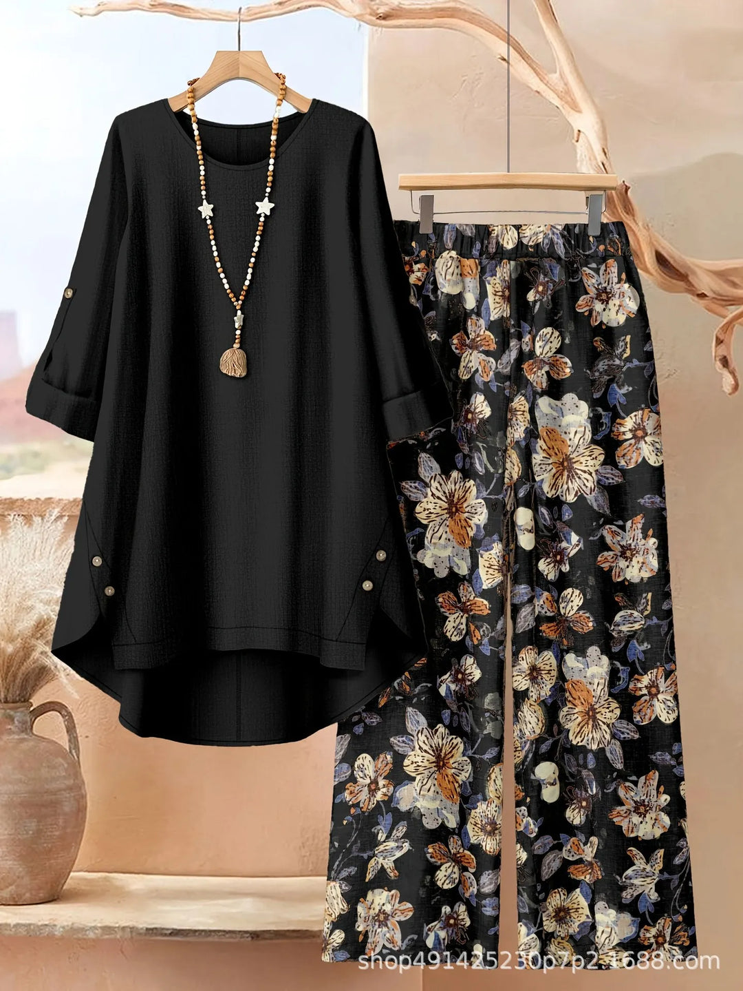 Rosette - Conjunto de túnica estilo capa ligera y pantalón de pierna ancha