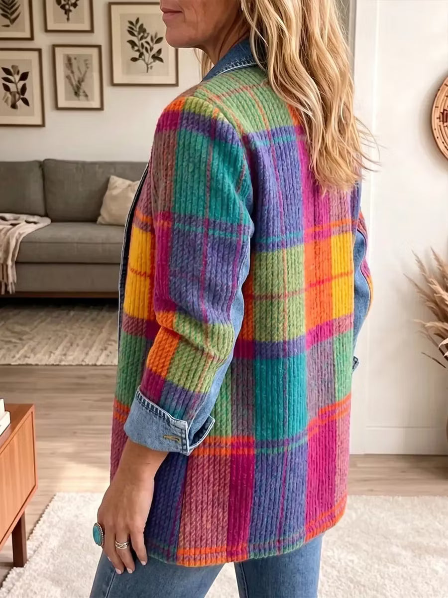 Sasha - Chamarra de mezclilla de punto a cuadros multicolor