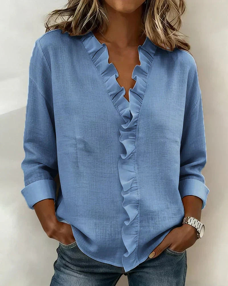 Brinae - Blusa de manga larga con holanes y escote en V de tacto suave