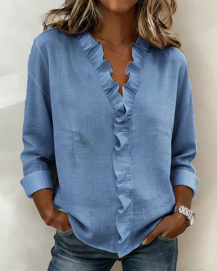 Brinae - Blusa de manga larga con holanes y escote en V de tacto suave