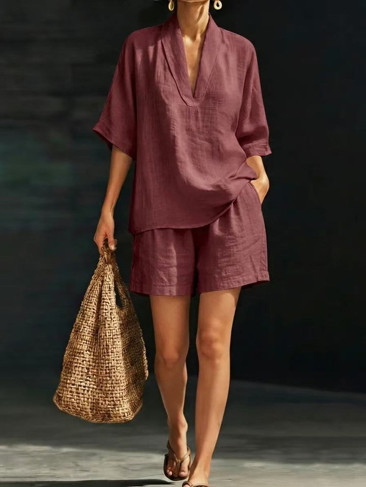 Yamina - Conjunto de top con escote en V y shorts de tacto suave