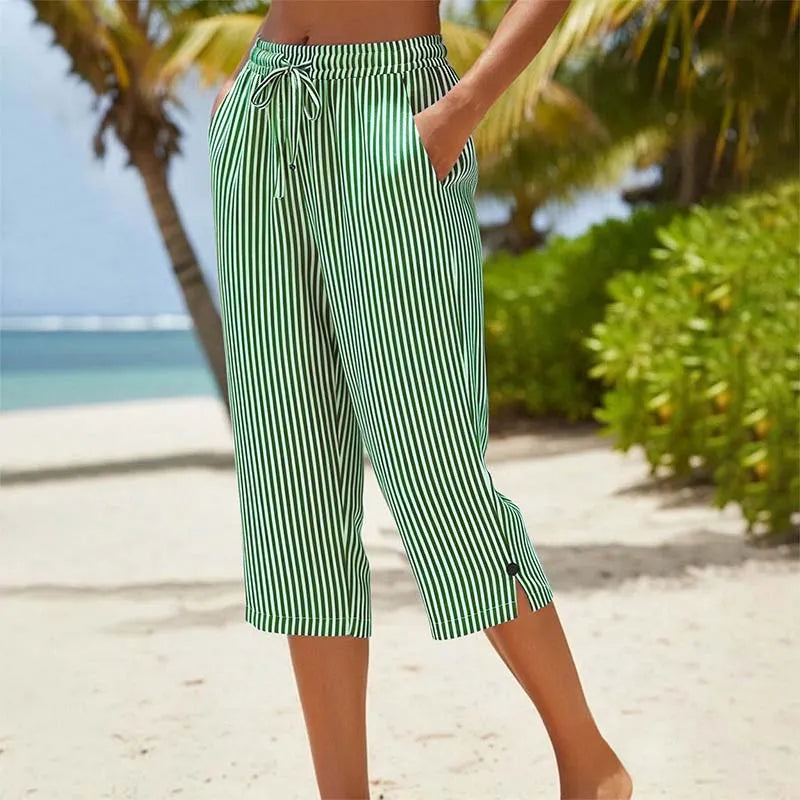 Roselina - Pantalón capri a rayas con cordón ajustable