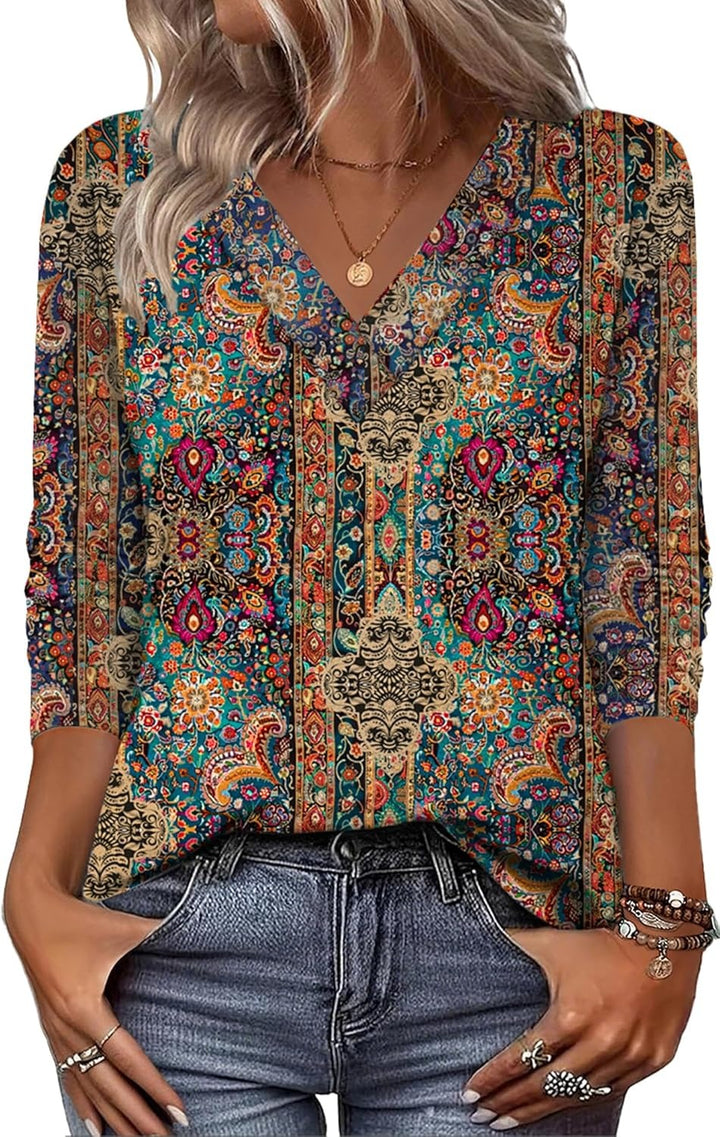 Arianwen - Blusa estampada con escote en V y tacto suave