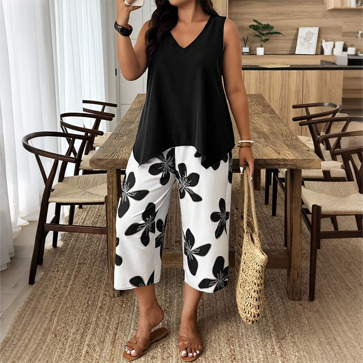 Marissa - Top asimétrico de tacto suave y conjunto capri floral
