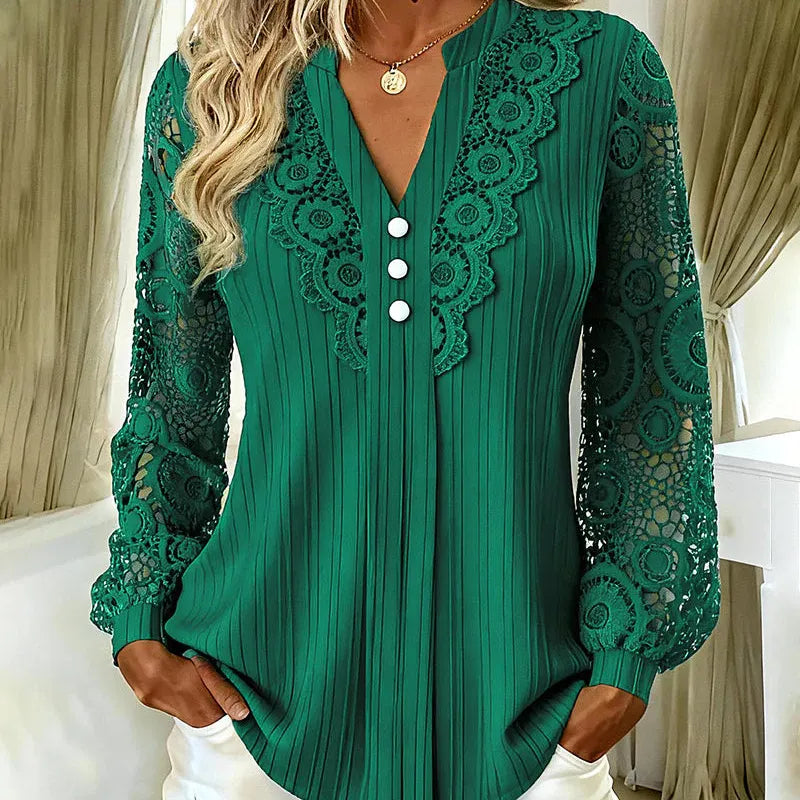 Caravelle - Blusa de manga larga con encaje plisado